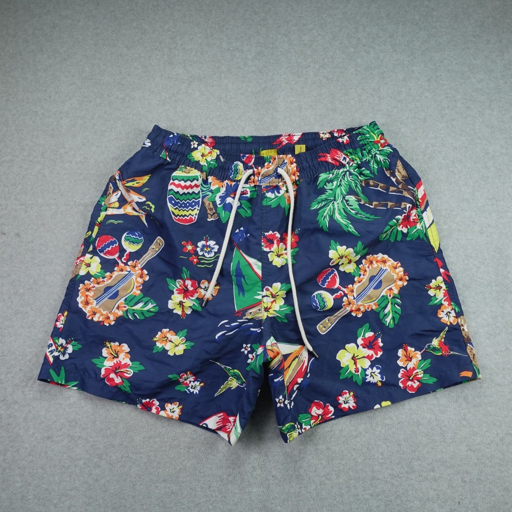 Polo Ralph Lauren Swim Trunks Mens L Navy Tropical Polo Bear Hawaiian Shorts